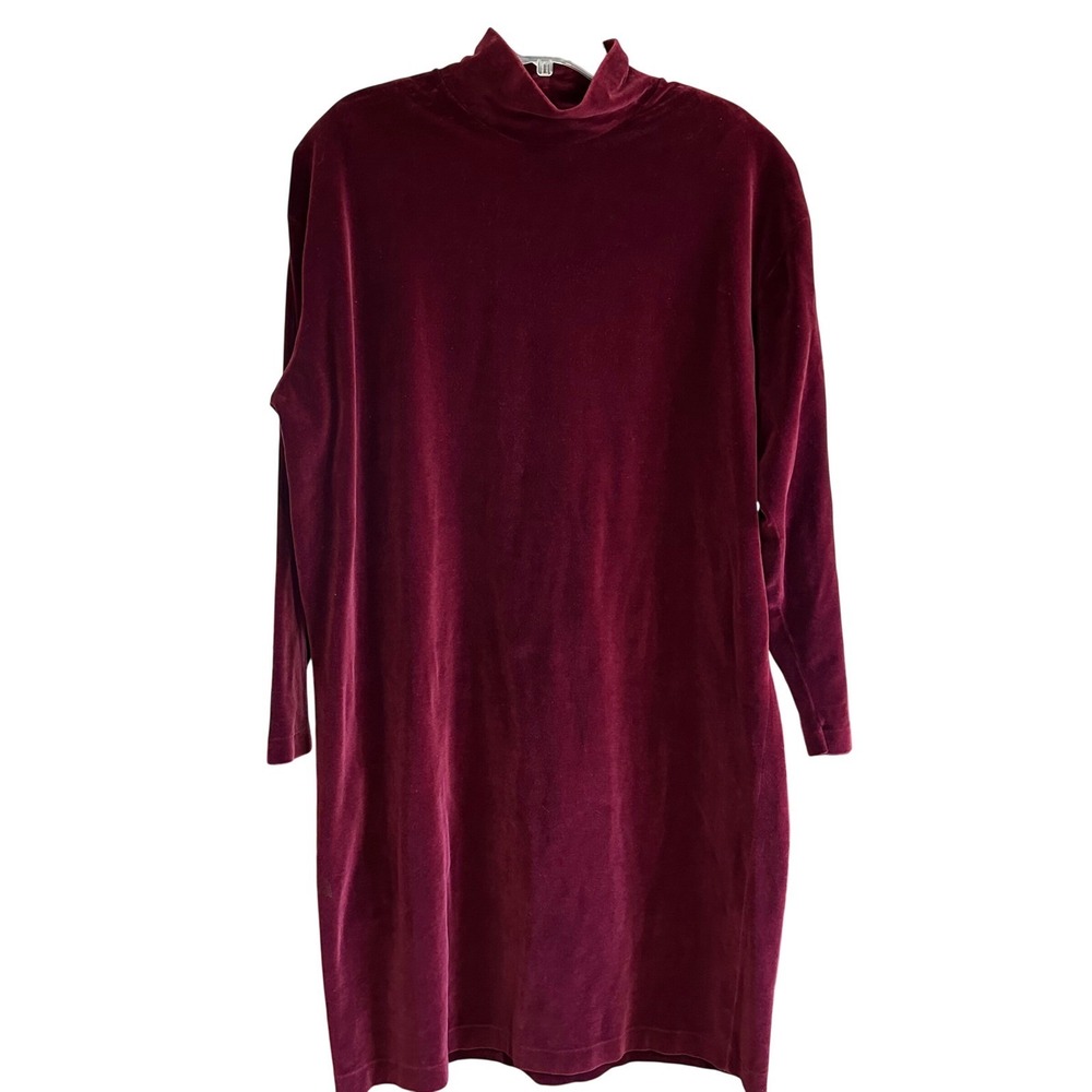 Vintage Lands End Womens Burgundy Velvet Mock Neck Long Sleeve Dress‎ XL Regular